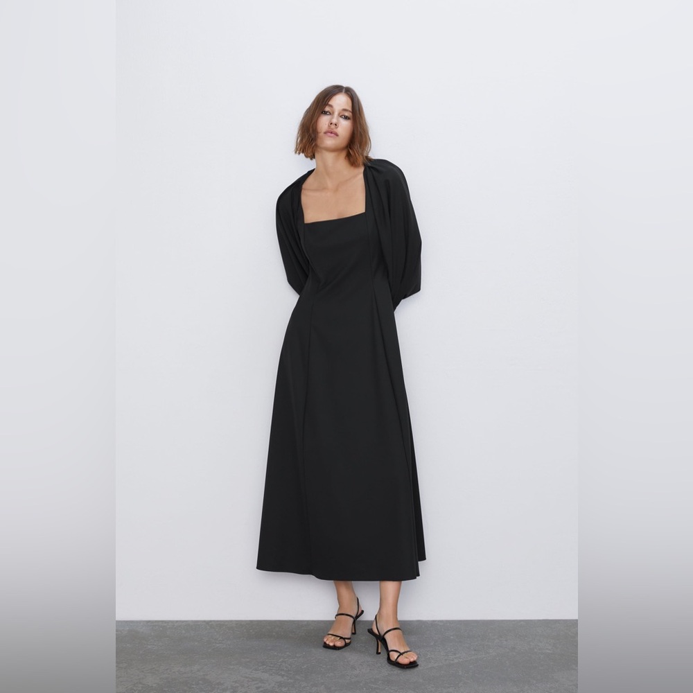ZARA‎ Black Long Puff Sleeve Dress XS | $119 NWT | Structured Maxi Gown